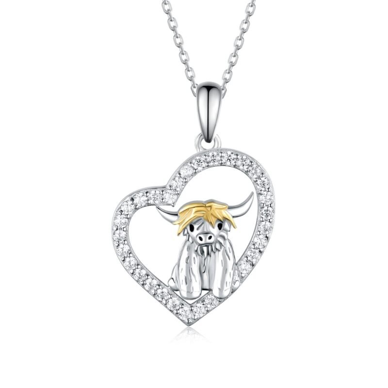Highland Cow Necklace 925 Sterling Silver Heart