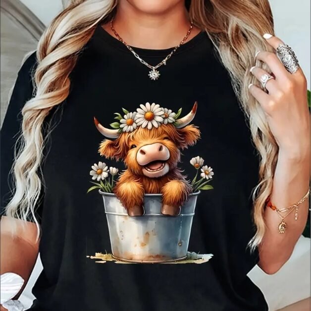 Highland Cow Floral Print Crew Neck Short Sleeve T-Shirt