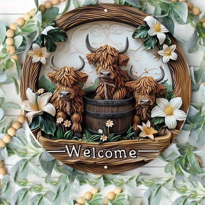 Highland Cow and Lily 8x8 inch aluminum signage - Image 4