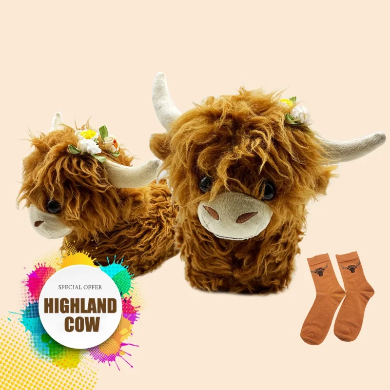 Highland Cow Plush Slippers with Sock