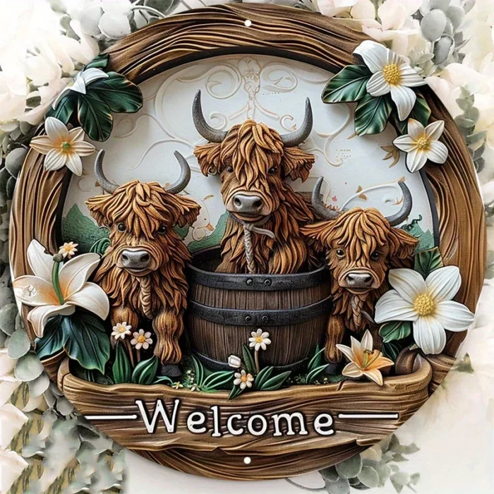 Highland Cow and Lily 8x8 inch aluminum signage