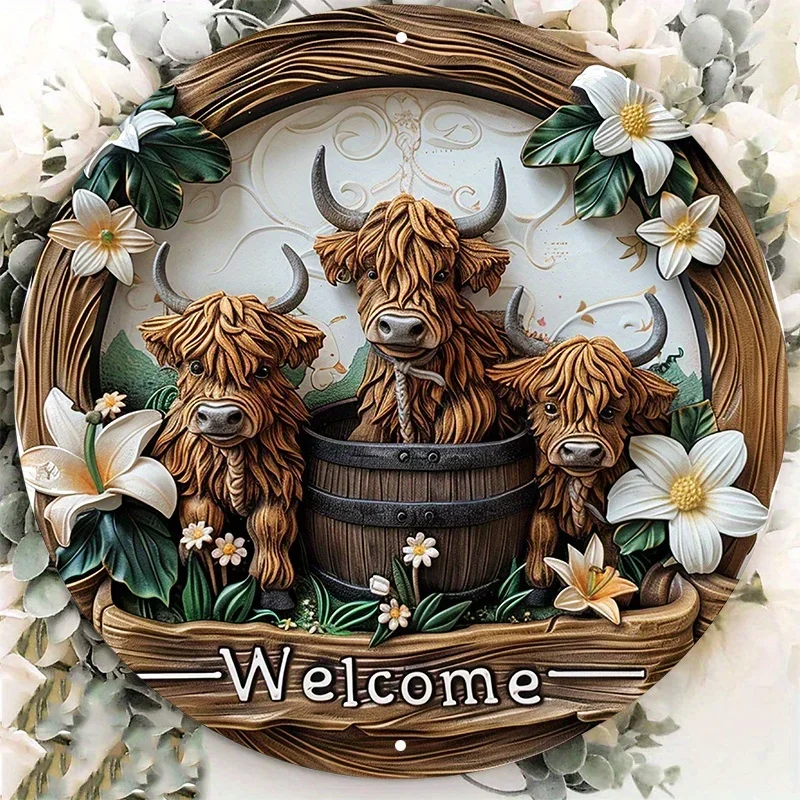Highland Cow and Lily 8x8 inch aluminum signage