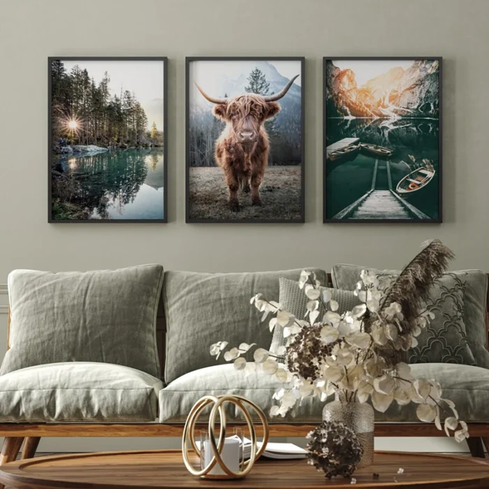 Rustic Highland Cow and Forest Landscape Photography Canvas - Image 4