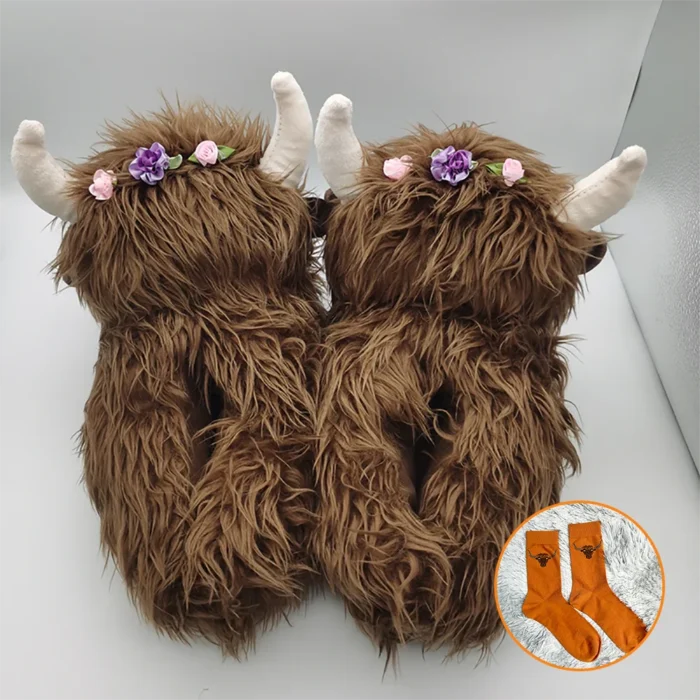 Highland Cow Plush Slippers with Sock - Image 5