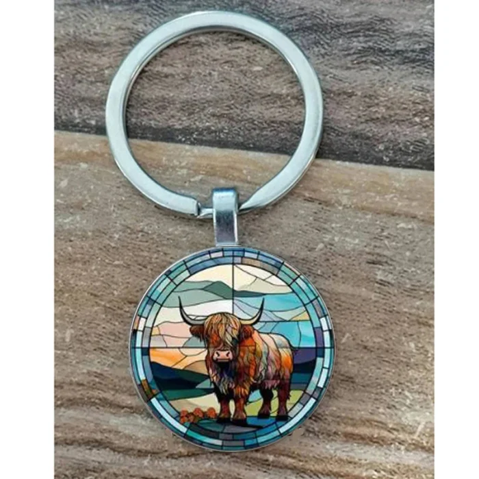 Highland cows colorful keychain stained glass look 2