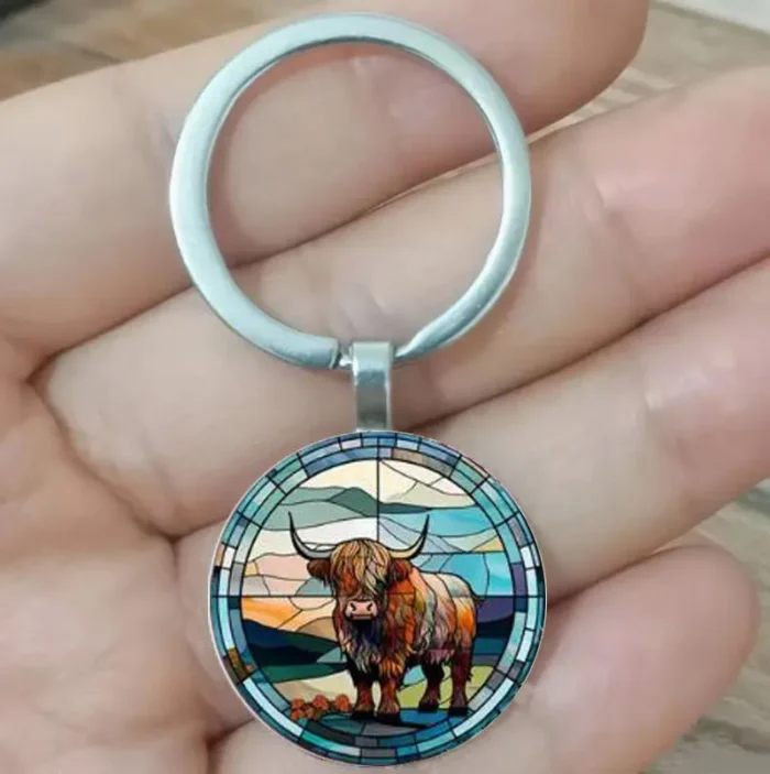Highland cows colorful keychain stained glass look 1