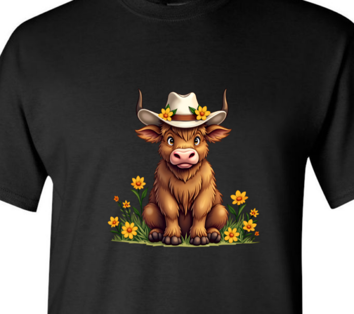 Highland Cow Spring time flowers