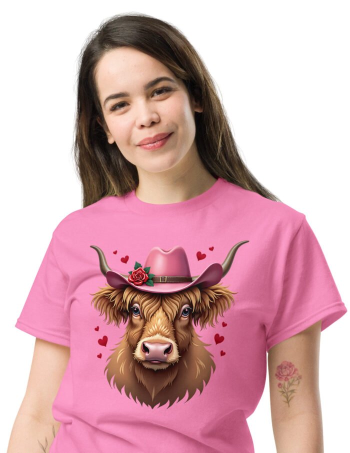 Scottish Highland cow with hearts and hat. woman's classic tee