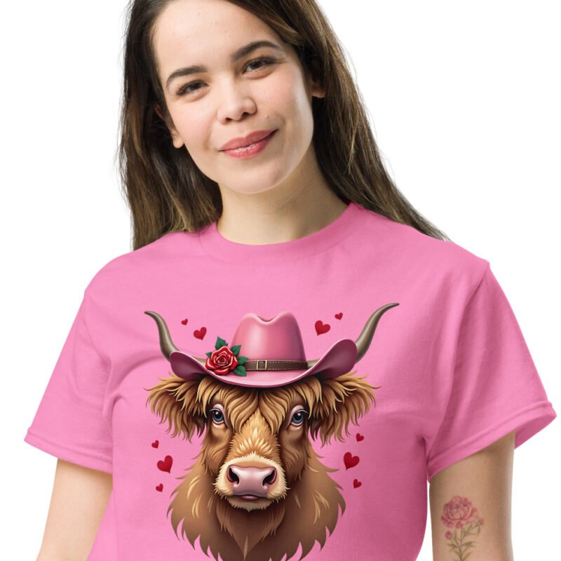 Scottish Highland cow with hearts and hat. woman's classic tee