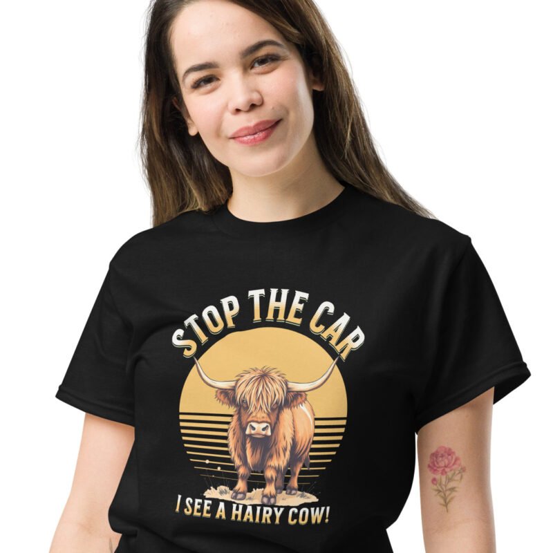 Stop the car I see a hairy cow! woman's classic tee